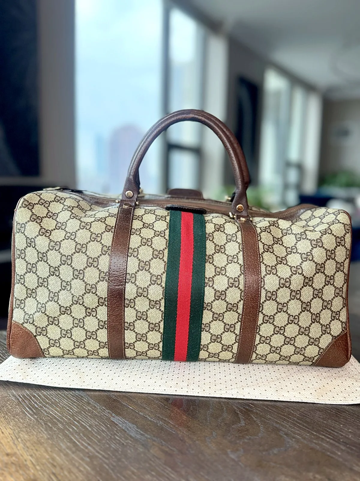 Gucci Sherry Boston Bag GG Supreme Monogram Brown Gold Hardware
