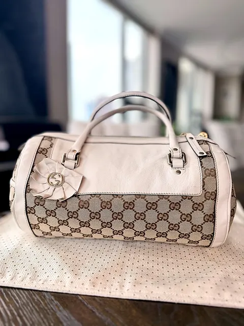 Gucci GG Canvas Barrel Boston Bag White Leather Trim Shoulder Bag