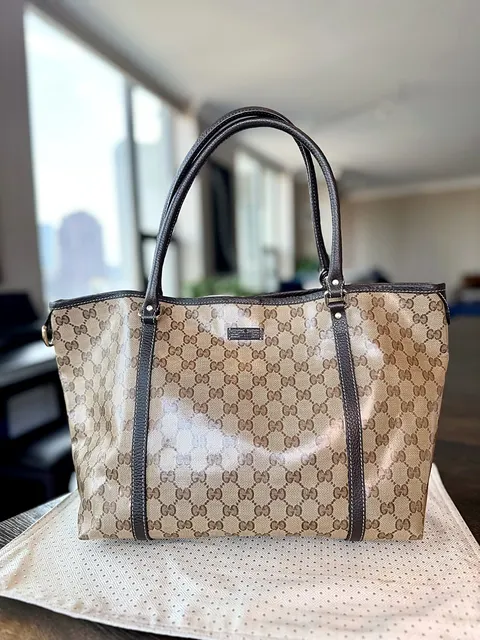 Gucci GG Crystal Canvas Tote Bag Brown Leather Trim Shoulder Bag