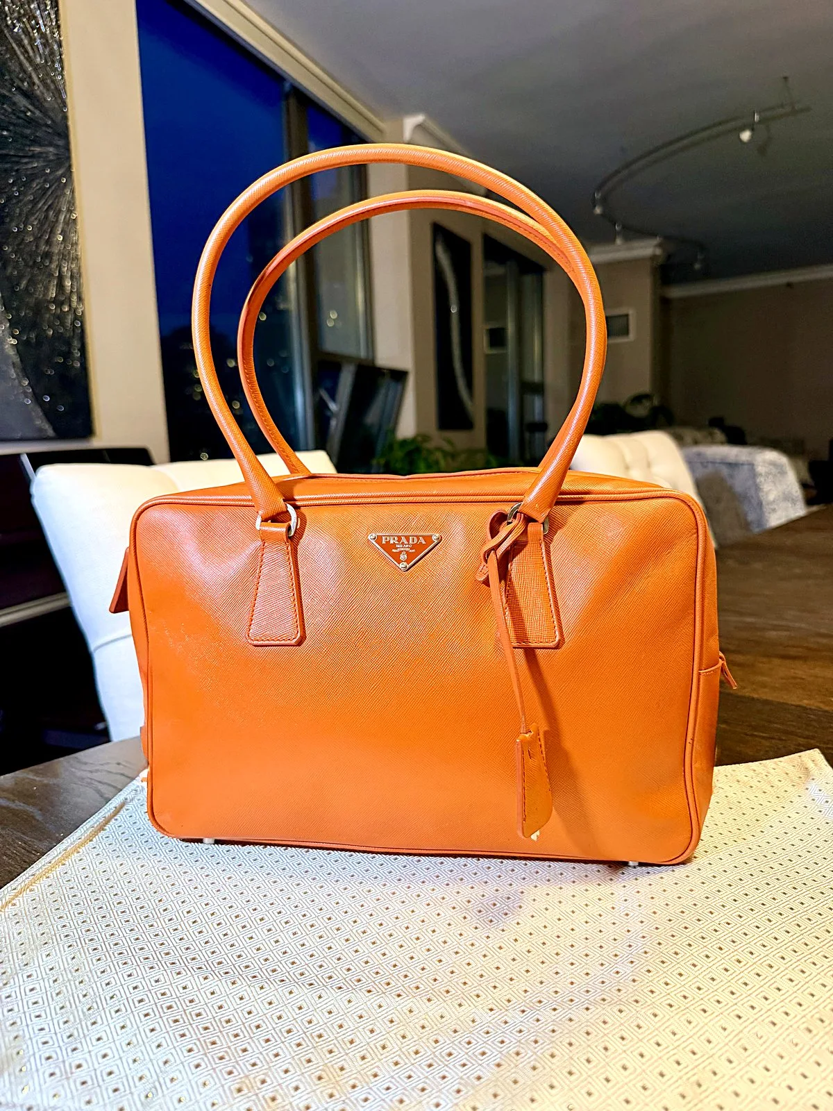 Prada Orange Saffiano Leather Bowler Bag Silver Hardware Handbag