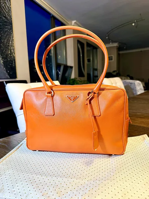 Prada Orange Saffiano Leather Bowler Bag Silver Hardware Handbag