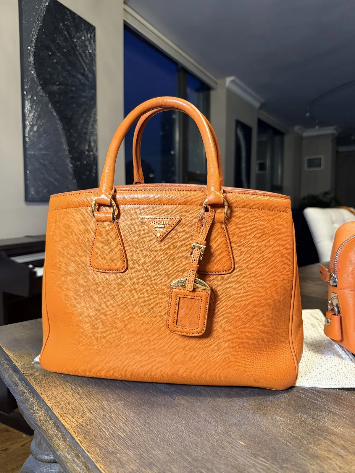 Prada Orange Saffiano Leather Tote Bag Gold Hardware Top Handle