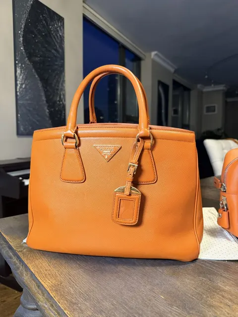 Prada Orange Saffiano Leather Tote Bag Gold Hardware Top Handle