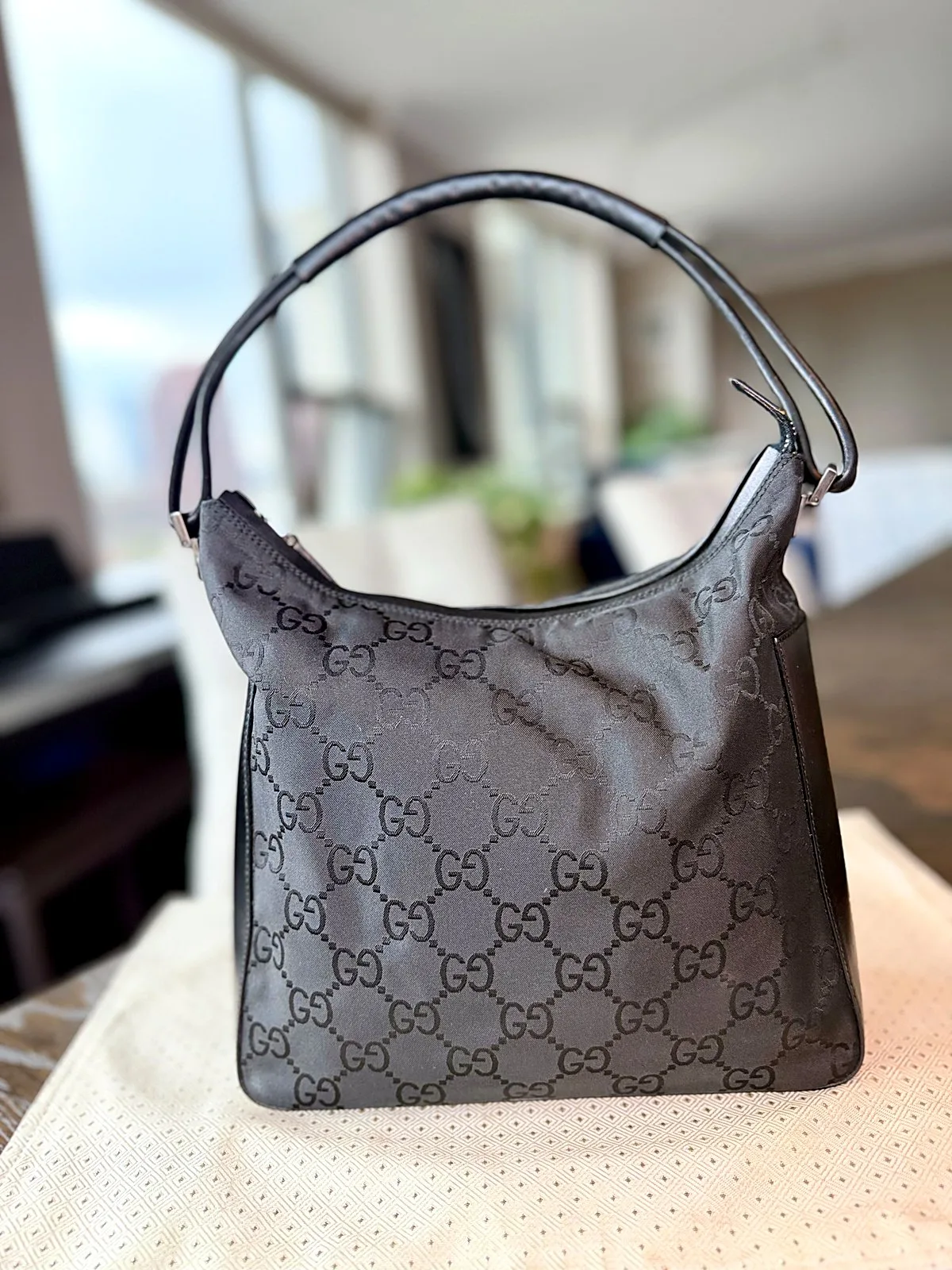 Gucci GG Canvas Shoulder Bag Black Leather Trim Zip Closure Medium