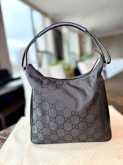 Gucci GG Canvas Shoulder Bag Black Leather Trim Zip Closure Medium