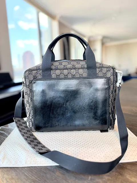 Gucci Black GG Unisex Canvas Briefcase Business Bag Black Leather